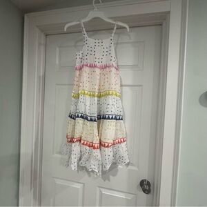 Oliphant White Tiered Dress with Pink, Yellow, Blue & Red Accents